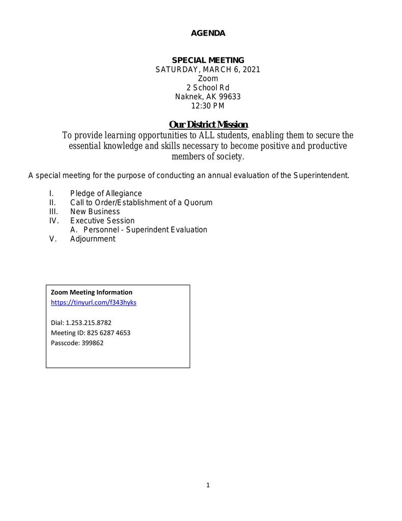 March 6th Special School Board Meeting
