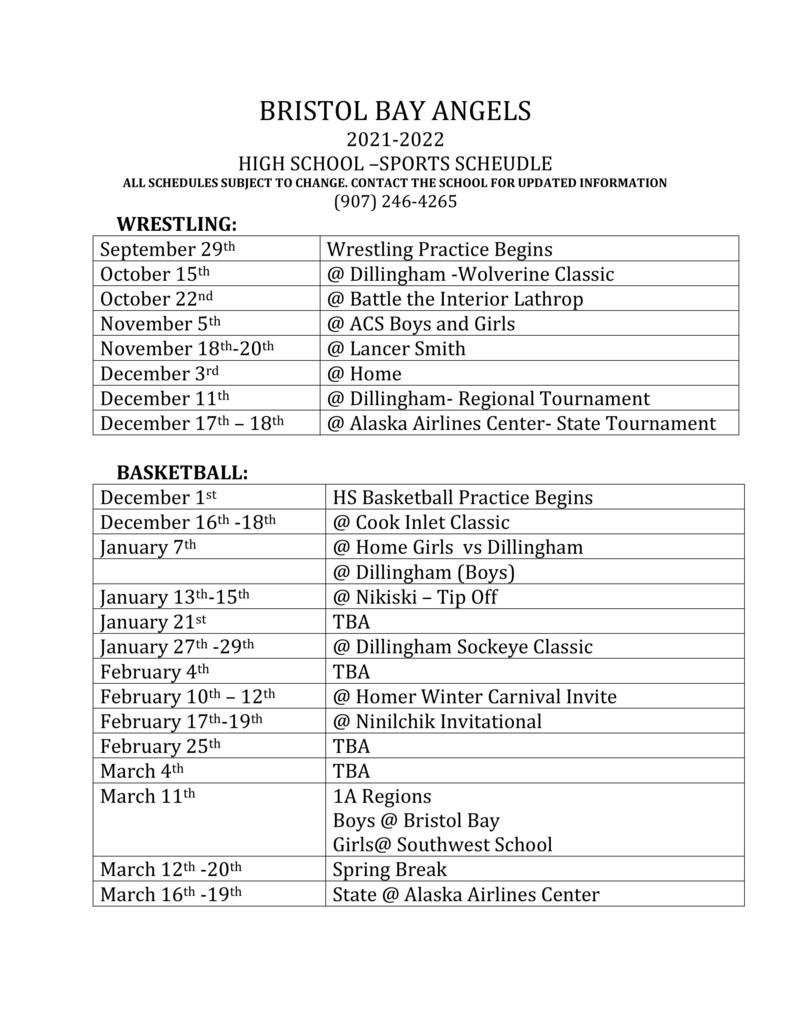 2021/22 Sports Schedule